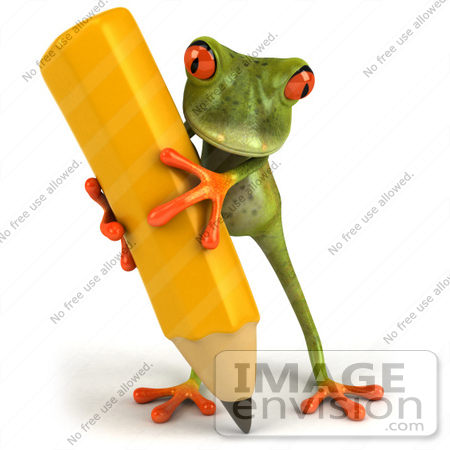 #49517 Royalty-Free (RF) Illustration Of A 3d Red Eyed Tree Frog Carrying A Large Yellow Pencil - Version 2 by Julos
