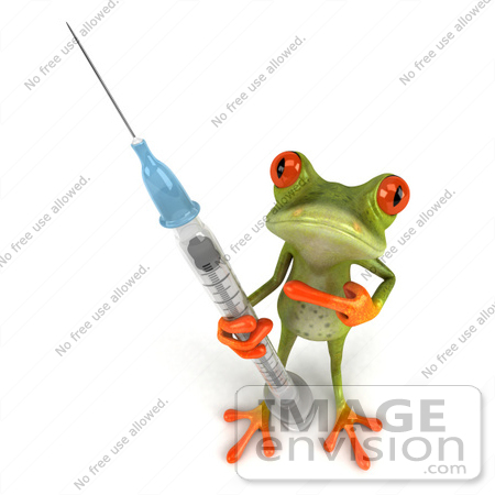 #49525 Royalty-Free (RF) Illustration Of A 3d Red Eyed Tree Frog With A Swine Flu H1N1 Vaccine Syringe by Julos