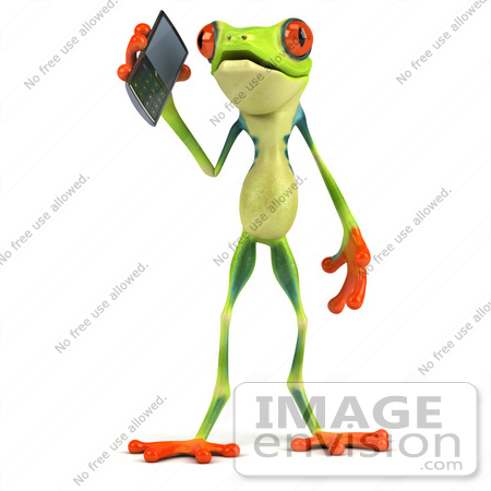 #49538 Royalty-Free (RF) Illustration Of A 3d Green Tree Frog Character Using A Cell Phone - Version 1 by Julos
