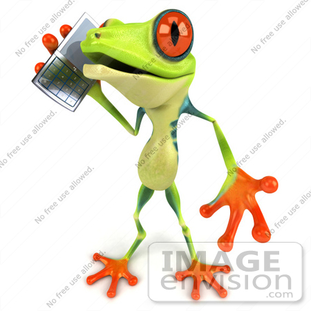 #49539 Royalty-Free (RF) Illustration Of A 3d Green Tree Frog Character Using A Cell Phone - Version 2 by Julos