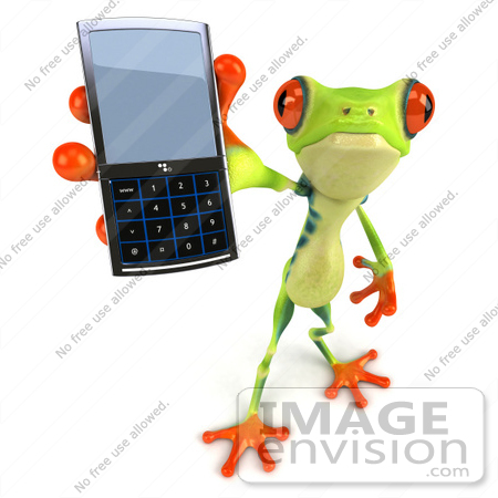 #49540 Royalty-Free (RF) Illustration Of A 3d Green Tree Frog Character Using A Cell Phone - Version 3 by Julos