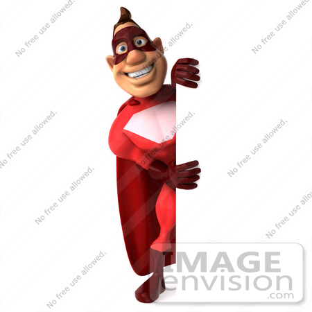 #49568 Royalty-Free (RF) Illustration Of A 3d Red Superhero Standing Beside A Blank Sign by Julos
