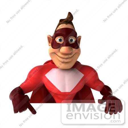 #49570 Royalty-Free (RF) Illustration Of A 3d Red Superhero Pointing To And Holding A Blank Sign by Julos