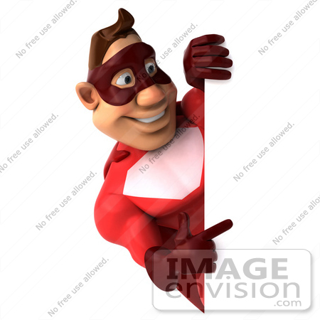 #49571 Royalty-Free (RF) Illustration Of A 3d Red Superhero Looking Around A Blank Sign by Julos