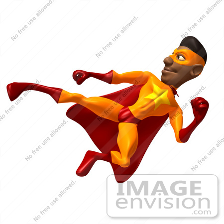 #49602 Royalty-Free (RF) Illustration Of A 3d Black Superhero Doing A Flying Kick by Julos