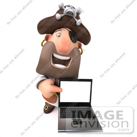 #49668 Royalty-Free (RF) Illustration Of A 3d Pirate Character Holding And Pointing To A Laptop by Julos