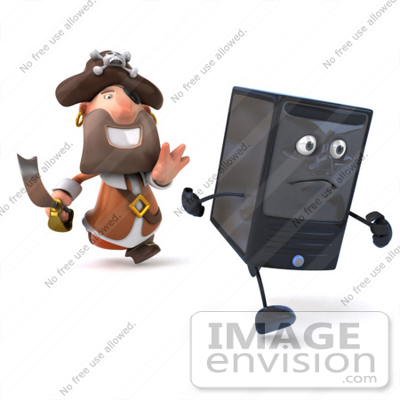 #49674 Royalty-Free (RF) Illustration Of A 3d Pirate Character Chasing A Computer by Julos