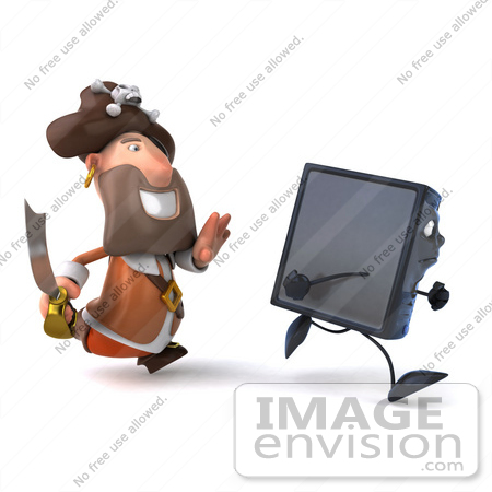 #49675 Royalty-Free (RF) Illustration Of A 3d Pirate Character Chasing After A Computer by Julos