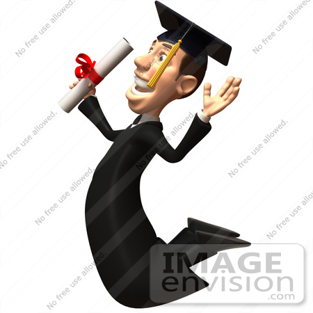 #49701 Royalty-Free (RF) Illustration Of A 3d College Graduate Jumping With A Rolled Diploma - Version 2 by Julos
