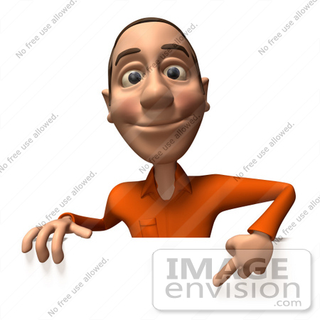 #49749 Royalty-Free (RF) Illustration Of A 3d White Man Pointing Down And Standing Behind A Blank Sign - Version 2 by Julos