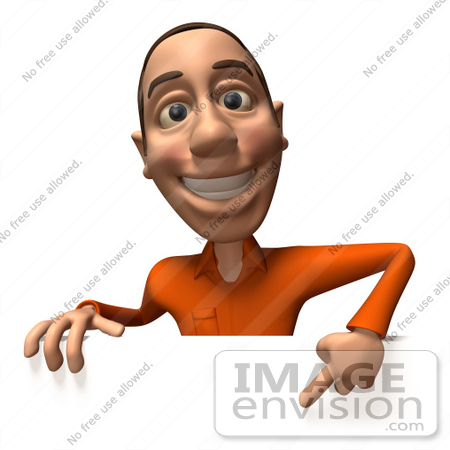 #49750 Royalty-Free (RF) Illustration Of A 3d White Man Pointing Down And Standing Behind A Blank Sign - Version 1 by Julos