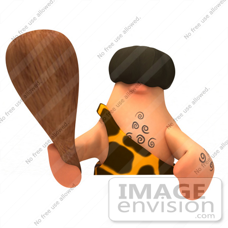 #49766 Royalty-Free (RF) Illustration Of A 3d Caveman Mascot Holding A Club Over A Blank Sign - Version 3 by Julos