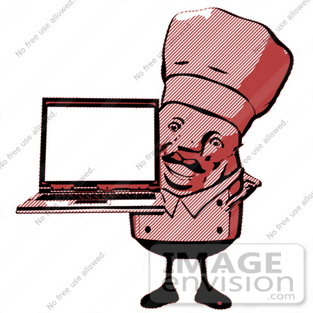#49800 Royalty-Free (RF) Illustration Of A 3d Chubby Chef Mascot Holding A Laptop With A Blank Screen - Version 8 by Julos