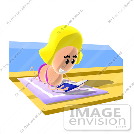 #49806 Royalty-Free (RF) Clipart Illustration of a Blond Cartoon Woman Laying On A Towel Beachside And Reading by Julos