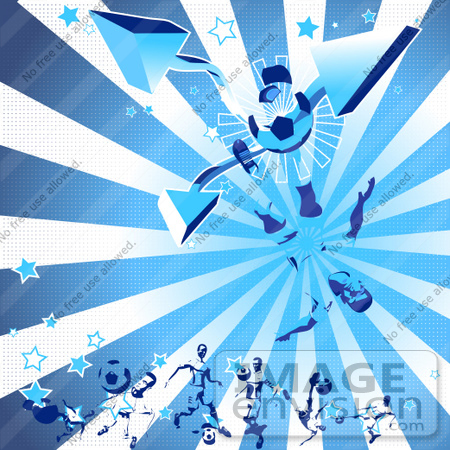 #49961 Royalty-Free (RF) Illustration Of A Blue Background Of A Soccer Player Kicking A Ball, With Arrows, Stars, And Rays by Julos