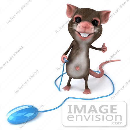 #49963 Royalty-Free (RF) Illustration Of A 3d Mouse Mascot Holding The Cable To A Blue Computer Mouse by Julos