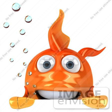 #49997 Royalty-Free (RF) Illustration Of A 3d Goldfish Mascot With Bubbles, Looking Over A Blank Sign Board by Julos