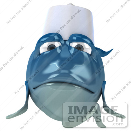 #50014 Royalty-Free (RF) Illustration Of A 3d Blue Chef Fish Mascot With A Hat - Version 2 by Julos