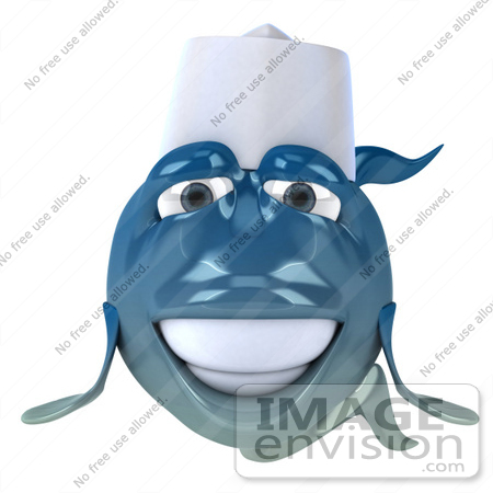 #50015 Royalty-Free (RF) Illustration Of A 3d Blue Chef Fish Mascot Facing Front by Julos