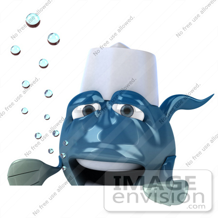 #50016 Royalty-Free (RF) Illustration Of A 3d Blue Chef Fish Mascot Over A Blank Sign by Julos
