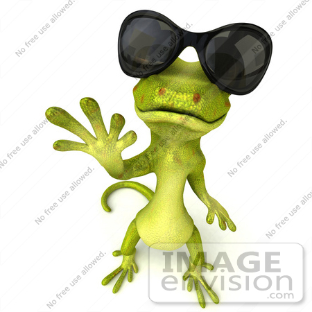 #50027 Royalty-Free (RF) Illustration Of A 3d Green Gecko Mascot Waving And Wearing Shades by Julos