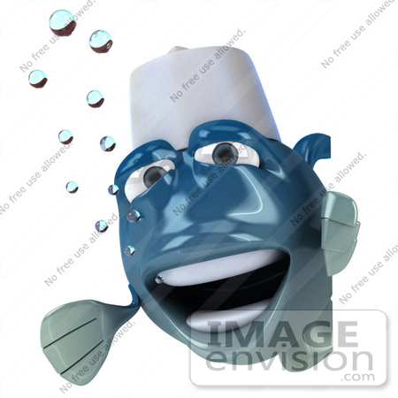 #50037 Royalty-Free (RF) Illustration Of A 3d Blue Chef Fish Mascot Looking Around A Blank Sign by Julos