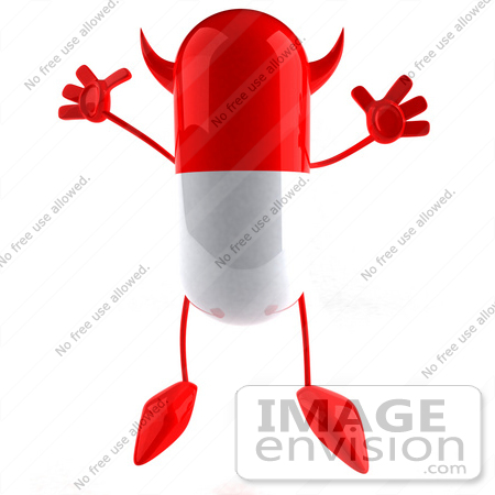#50041 Royalty-Free (RF) Illustration Of A 3d Red Devil Pill Capsule Mascot Jumping by Julos