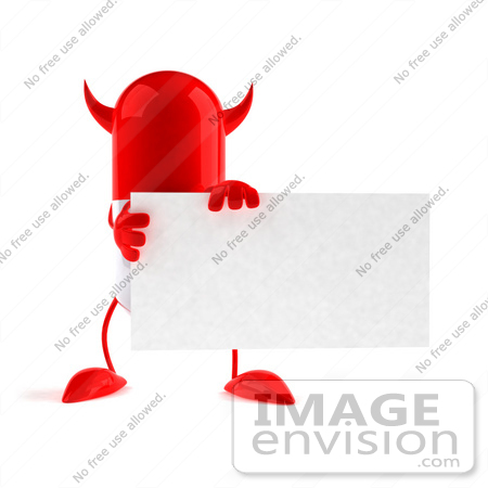 #50043 Royalty-Free (RF) Illustration Of A 3d Red Devil Pill Capsule Mascot Holding A Blank Business Card - Version 1 by Julos