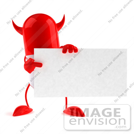 #50045 Royalty-Free (RF) Illustration Of A 3d Red Devil Pill Capsule Mascot Holding A Blank Business Card - Version 2 by Julos