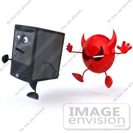 #50046 Royalty-Free (RF) Illustration Of A 3d Computer Case Mascot Running From A Devil Virus - Version 3 by Julos