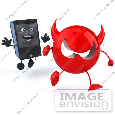 #50047 Royalty-Free (RF) Illustration Of A 3d Computer Case Mascot Chasing Away A Red Devil Virus - Version 1 by Julos