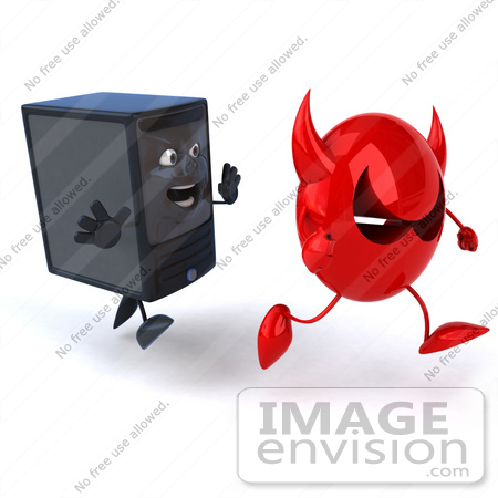 #50048 Royalty-Free (RF) Illustration Of A 3d Computer Case Mascot Chasing Away A Red Devil Virus - Version 2 by Julos