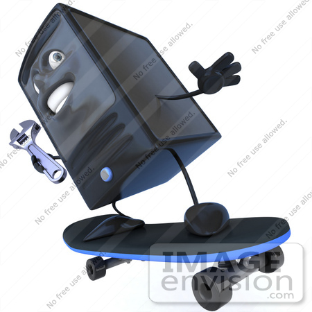#50058 Royalty-Free (RF) Illustration Of A 3d Computer Case Mascot Holding A Wrench And Skateboarding - Version 3 by Julos