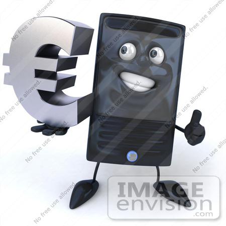 #50064 Royalty-Free (RF) Illustration Of A 3d Computer Case Mascot Smiling And Holding A Euro Symbol - Version 2 by Julos