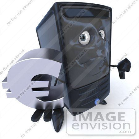 #50065 Royalty-Free (RF) Illustration Of A 3d Computer Case Mascot Pouting And Holding A Euro Symbol - Version 1 by Julos
