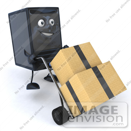 #50073 Royalty-Free (RF) Illustration Of A 3d Computer Case Mascot Pushing Boxes On A Dolly - Version 1 by Julos