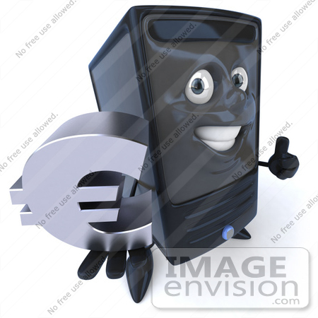#50082 Royalty-Free (RF) Illustration Of A 3d Computer Case Mascot Smiling And Holding A Euro Symbol - Version 1 by Julos