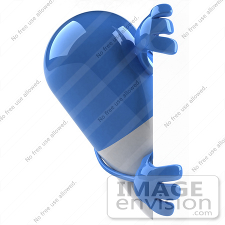 #50106 Royalty-Free (RF) Illustration Of A 3d Blue Pill Capsule Mascot Looking Around A Blank Sign - Version 1 by Julos