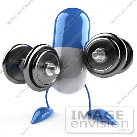 #50107 Royalty-Free (RF) Illustration Of A 3d Blue Pill Capsule Mascot Lifting Weights by Julos