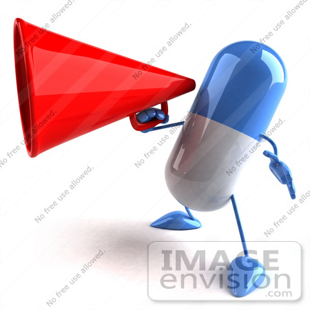 #50109 Royalty-Free (RF) Illustration Of A 3d Blue Pill Capsule Mascot Using A Megaphone by Julos