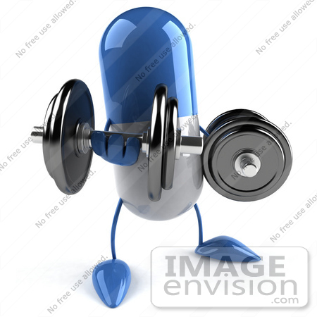 #50111 Royalty-Free (RF) Illustration Of A 3d Blue Pill Capsule Mascot Lifting Weights by Julos