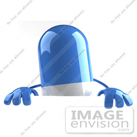 #50112 Royalty-Free (RF) Illustration Of A 3d Blue Pill Capsule Mascot Standing Behind A Blank Sign by Julos