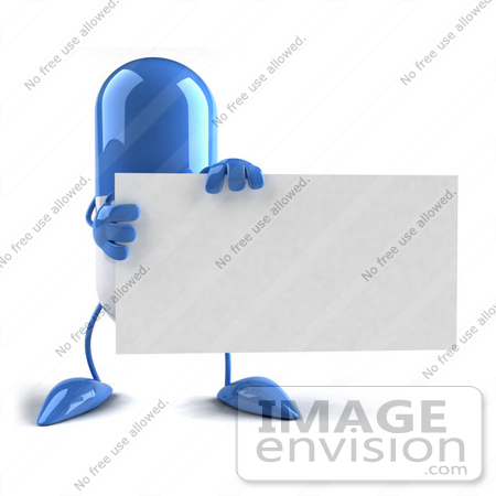 #50113 Royalty-Free (RF) Illustration Of A Blue 3d Pill Capsule Mascot Holding A Blank Business Card - Version 1 by Julos