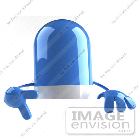 #50116 Royalty-Free (RF) Illustration Of A 3d Blue Pill Capsule Mascot Pointing Down At And Standing Behind A Blank Sign - Version 2 by Julos