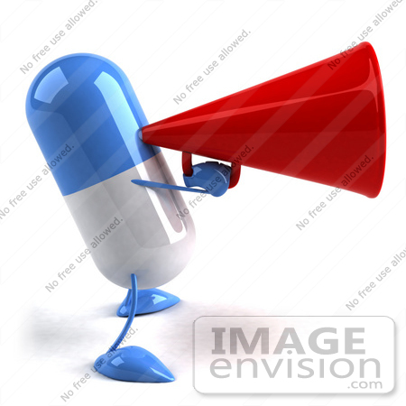 #50118 Royalty-Free (RF) Illustration Of A 3d Blue Pill Capsule Mascot Speaking Through A Megaphone - Version 2 by Julos