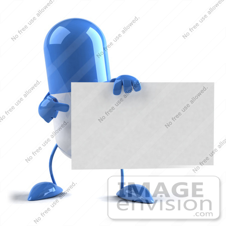 #50121 Royalty-Free (RF) Illustration Of A Blue 3d Pill Capsule Mascot Holding A Blank Business Card - Version 2 by Julos