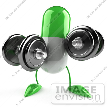 #50122 Royalty-Free (RF) Illustration Of A 3d Green Pill Capsule Mascot Lifting Weights by Julos