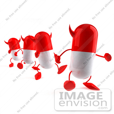 #50126 Royalty-Free (RF) Illustration Of 3d Red Devil Pill Capsule Mascots Marching Forward - Version 2 by Julos