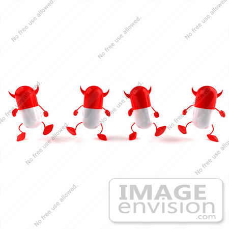 #50127 Royalty-Free (RF) Illustration Of 3d Red Devil Pill Capsule Mascots Marching Forward - Version 1 by Julos