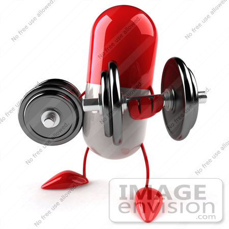#50128 Royalty-Free (RF) Illustration Of A 3d Red Pill Capsule Mascot Lifting Weights by Julos